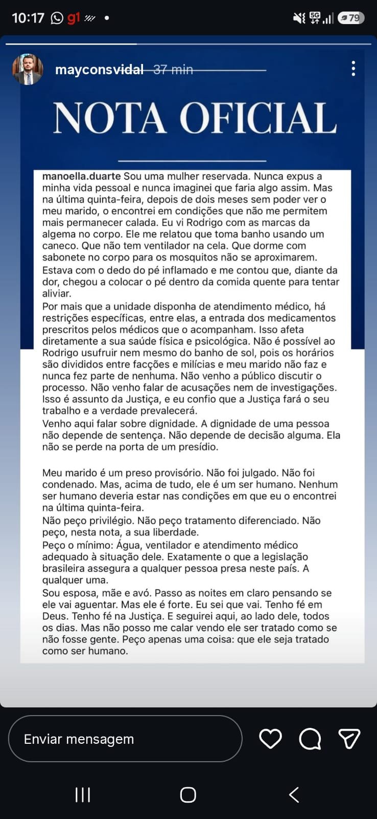 Esposa de Bacellar relata tratamento desumano em presídio