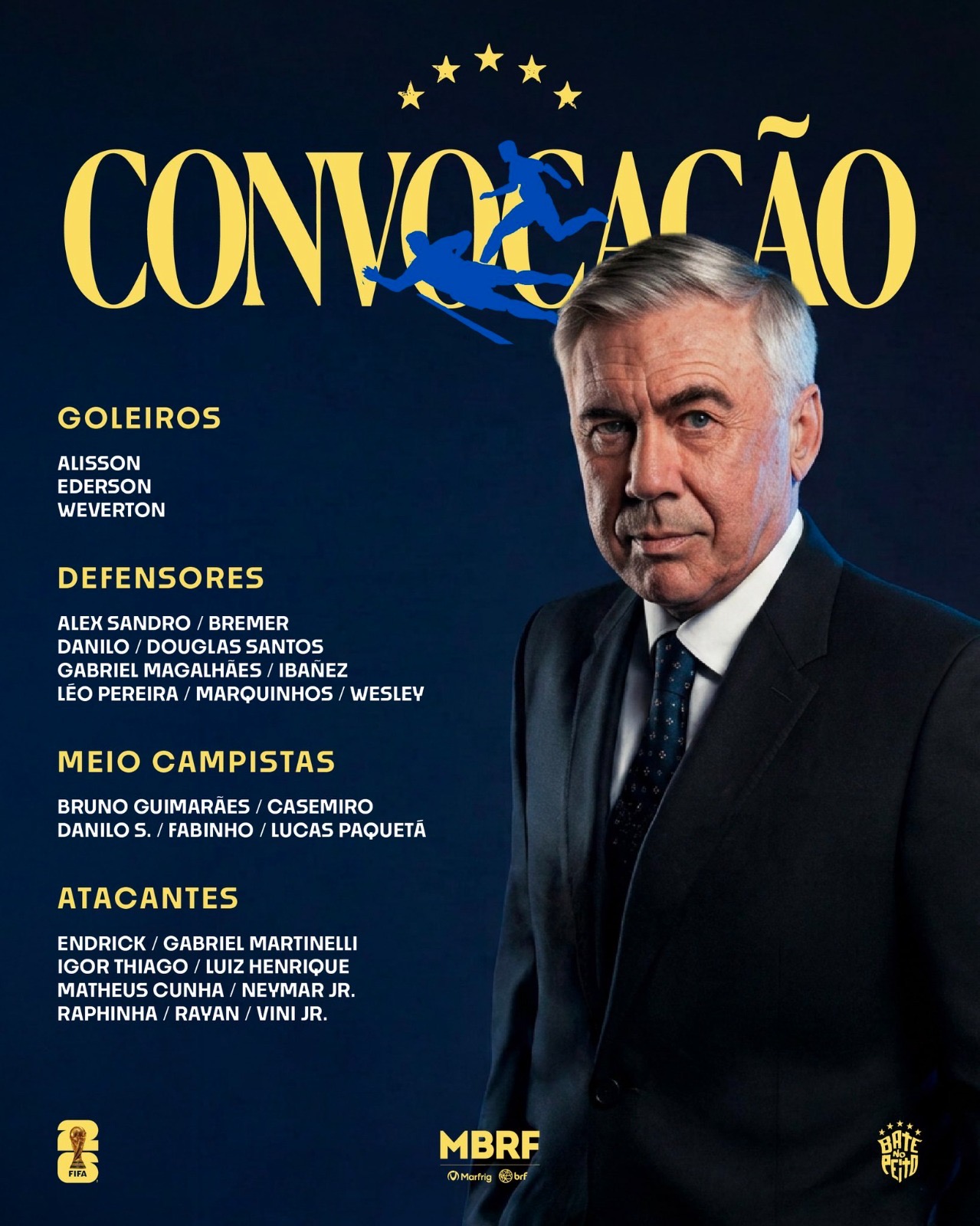 Carlo Ancelotti divulga lista da Seleção Brasileira para a Copa do Mundo 2026